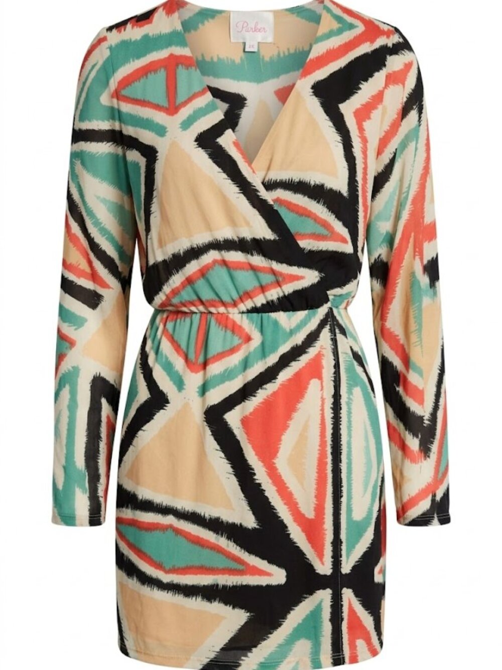 Parker Silk Dress XS Geometric Abstract Print Long Sleeve Wrap V-Neck Boho Luxe